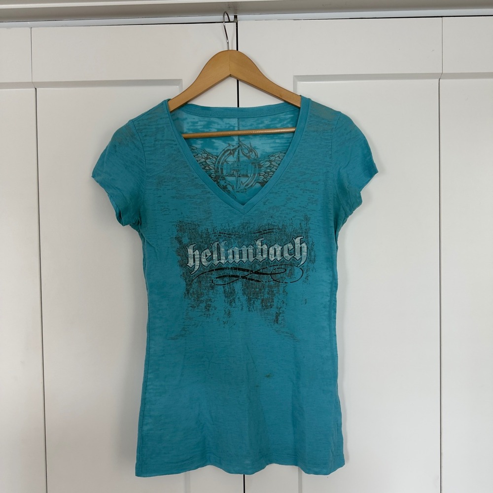 Women Hellanbach Graphic T-Shirt S Blue Angel Wings Burnout V-Neck Biker Tee